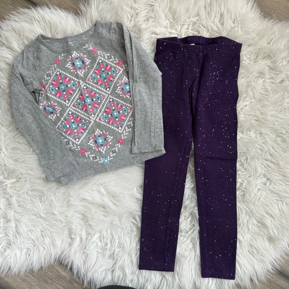 Cat & Jack Purple Glitter Leggings & Carter’s Colorful Shirt